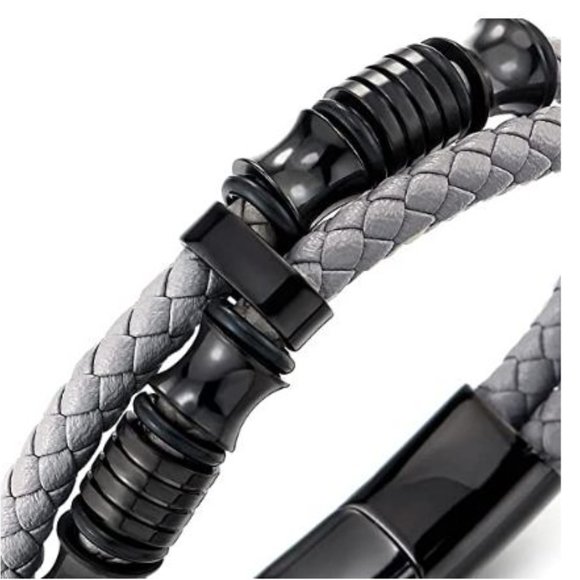 Mens Double-Row Black Braided Leather Bracelet Bangle Wristband